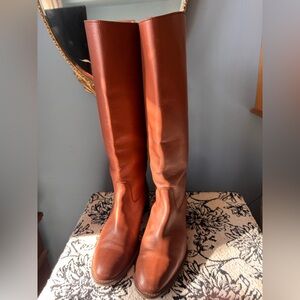 J. Crew Size 8.5 tall tan brown leather riding boots. Back zipper snap closure.